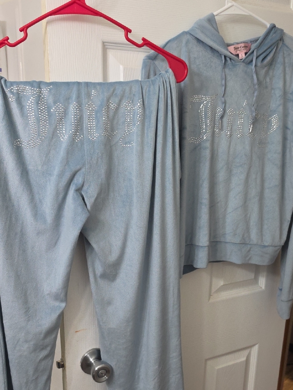 Juicy Couture Light Blue Rhinestone Logo Velour Tracksuit Hoodie & Pants